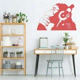 Contemplative primate wall art sticker, red monkey with headphones, enhancing modern room decor.