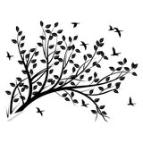 Black abstract tree branch wall sticker with leaves and birds.