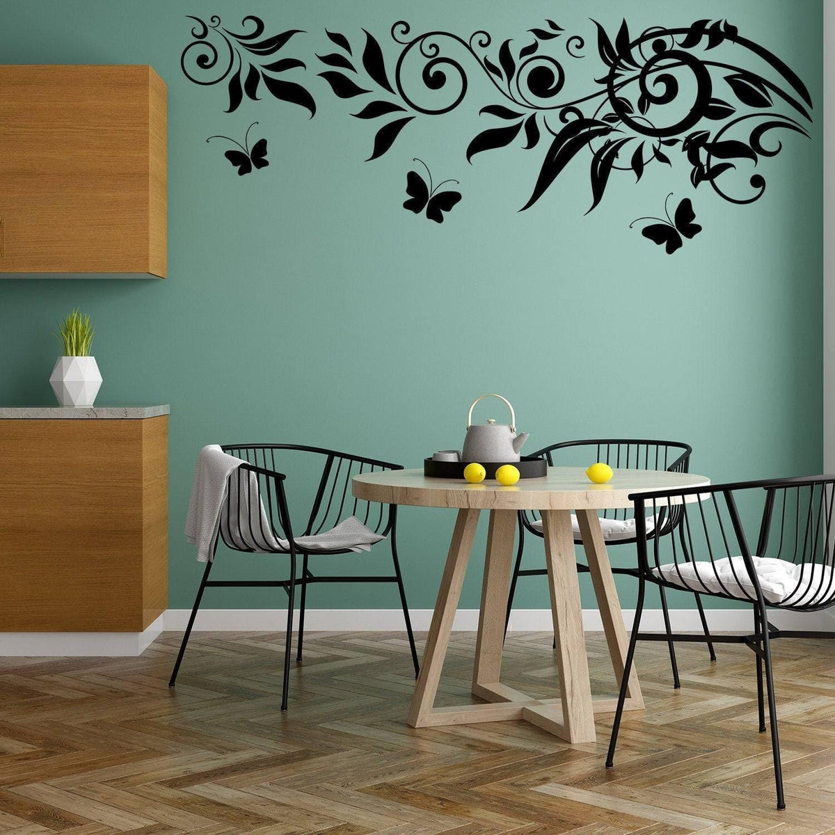 Butterflies and swirling vines wall art decal.