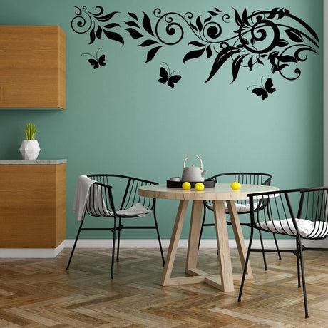 Butterflies and swirling vines wall art decal.