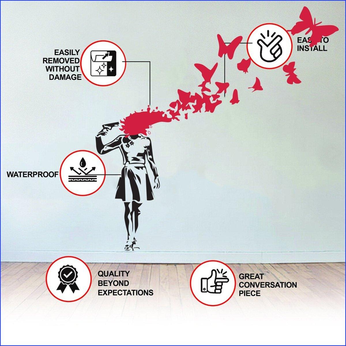 Street-art girl dissolving into red birds wall decal with waterproof and easy-removal material symbols.