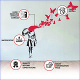 Street-art girl dissolving into red birds wall decal with waterproof and easy-removal material symbols.