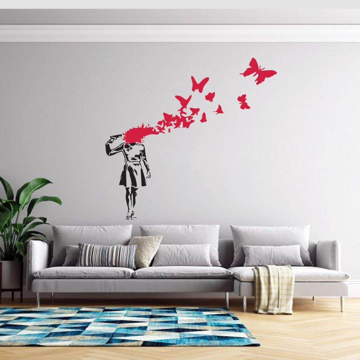 Emotional street art wall decal of girl with butterflies in a modern living room setting.