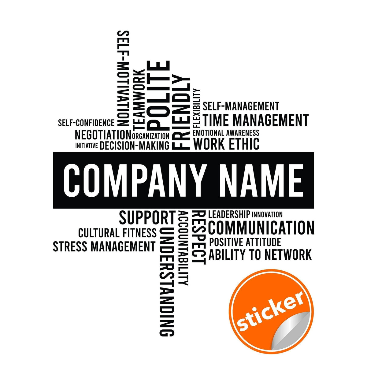 Custom office wall decal featuring personalized business name and motivational words for decor.