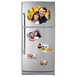 Personalized magnetic photo prints on a refrigerator showcasing family memories in stylish shapes.