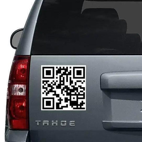 Custom QR code decal on a gray vehicle, showcasing a personalized design for easy scanning.