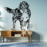 Customizable animal illustration adhesive decal of a dog on a wall above wooden furniture.