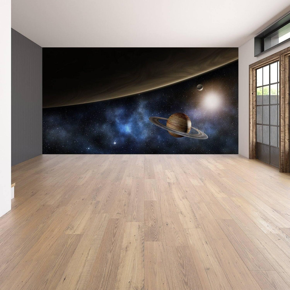 3D galaxy wall mural featuring Saturn and cosmic scenery.