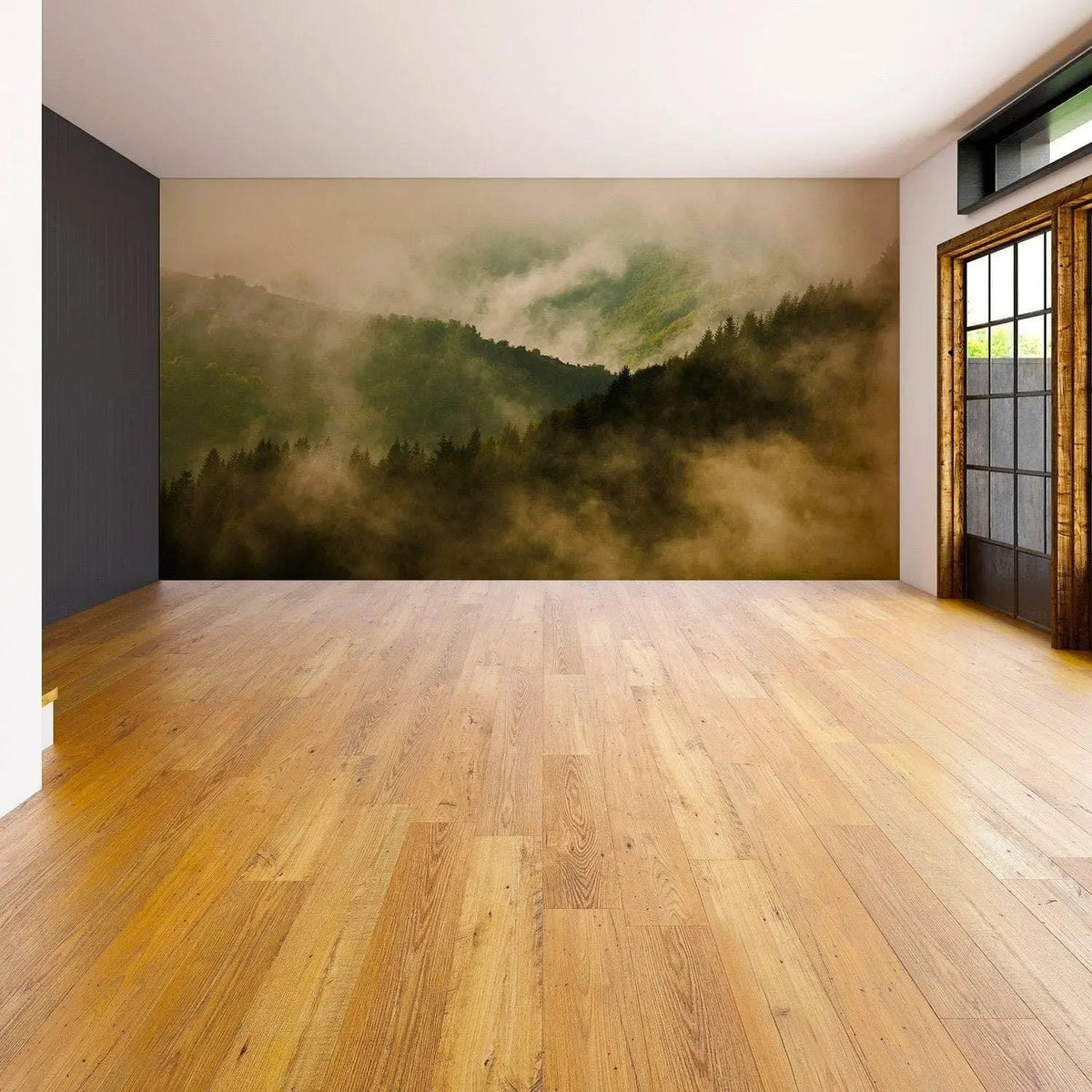 Misty Pine Hill Dreamscape Wall Covering featuring a foggy forest mural in a stylish room interior.