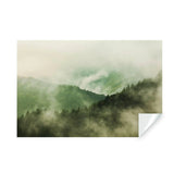 Foggy forest wallpaper mural featuring misty pine hills and a tranquil landscape.