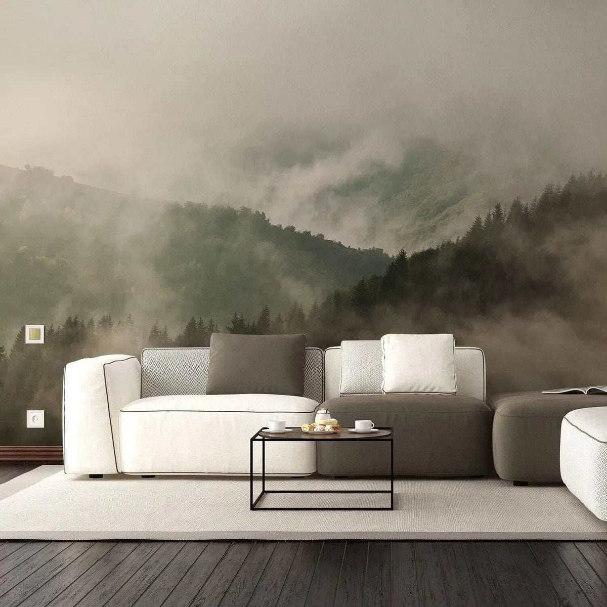 Cozy living room with misty forest wall mural and modern furniture, creating a serene atmosphere.