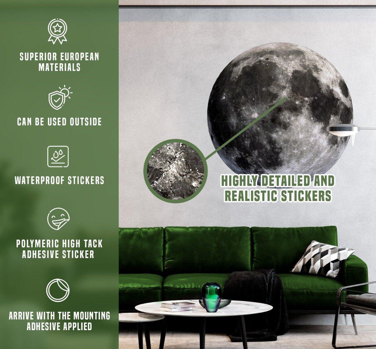 Full-moon wall sticker above a dark green sofa with labels for waterproof material, adhesive and outdoor use.