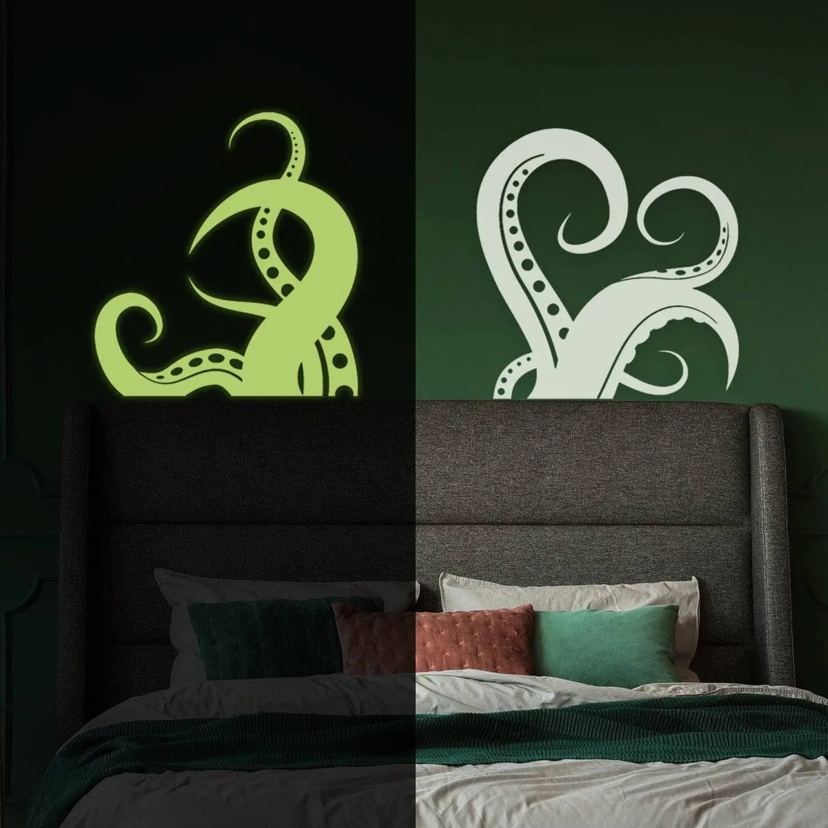 Glow in dark octopus tentacle wall sticker illuminating a stylish bedroom, blending oceanic decor with enchanting ambiance.
