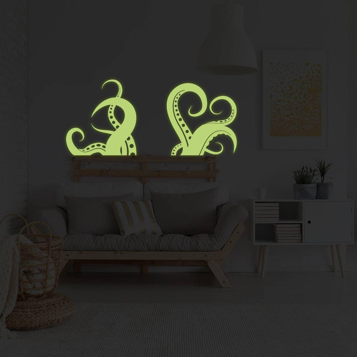 Glowing octopus tentacle wall decals in a cozy living room.