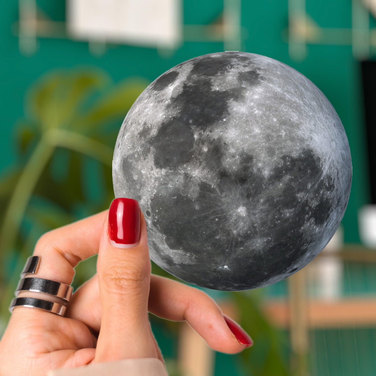 Hand holding a realistic moon-shaped decal against a green background.