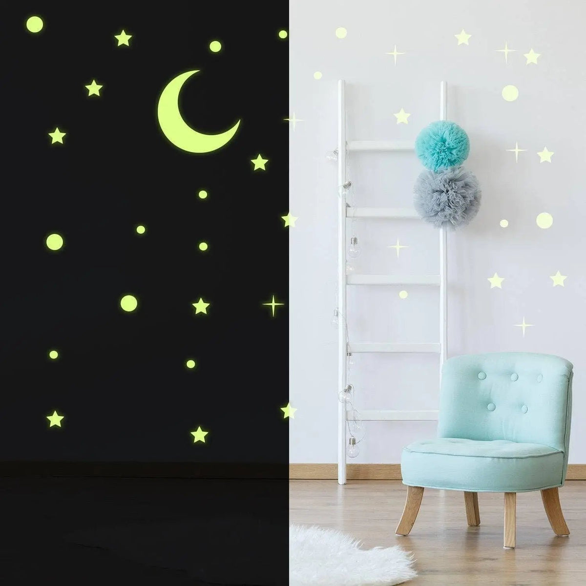 Glow in the dark star and moon stickers on a wall, luminescent ceiling decor for a magical night sky effect.
