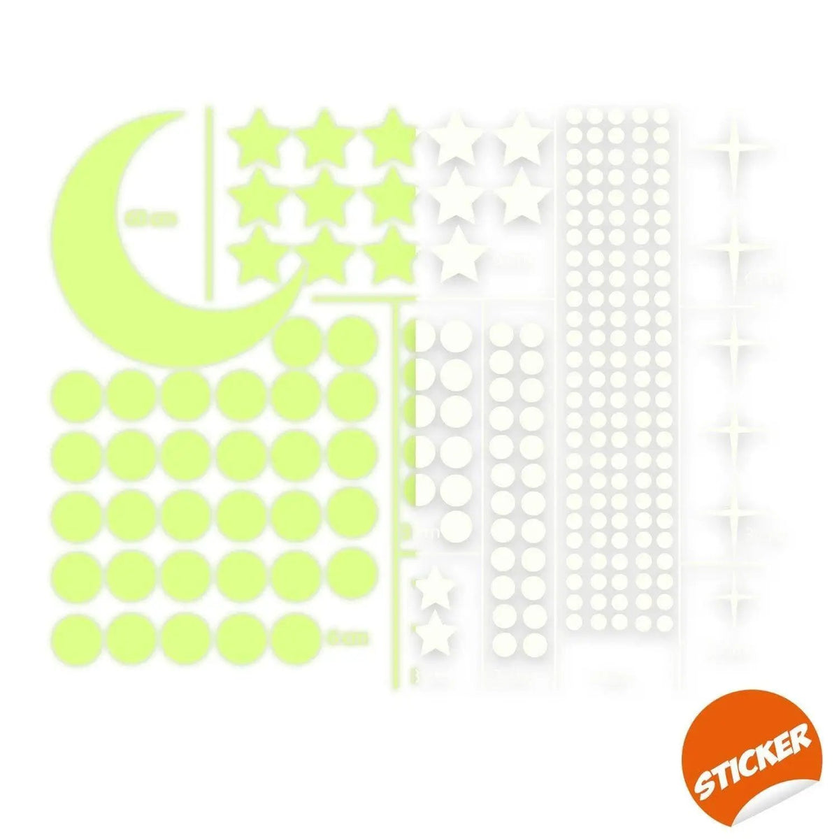 Glow in the dark star stickers set featuring luminous stars, moon, and circles for ceiling decor.