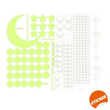Glow in the dark star stickers set featuring luminous stars, moon, and circles for ceiling decor.