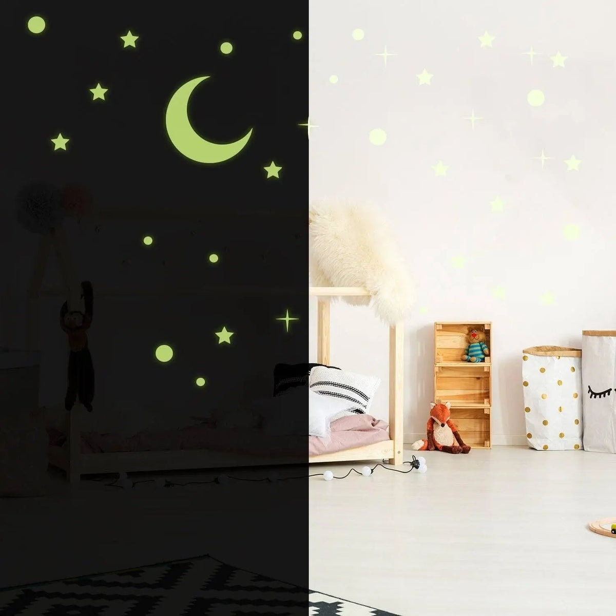 Glow in the dark star and moon stickers on a child's ceiling, creating a captivating night sky effect.