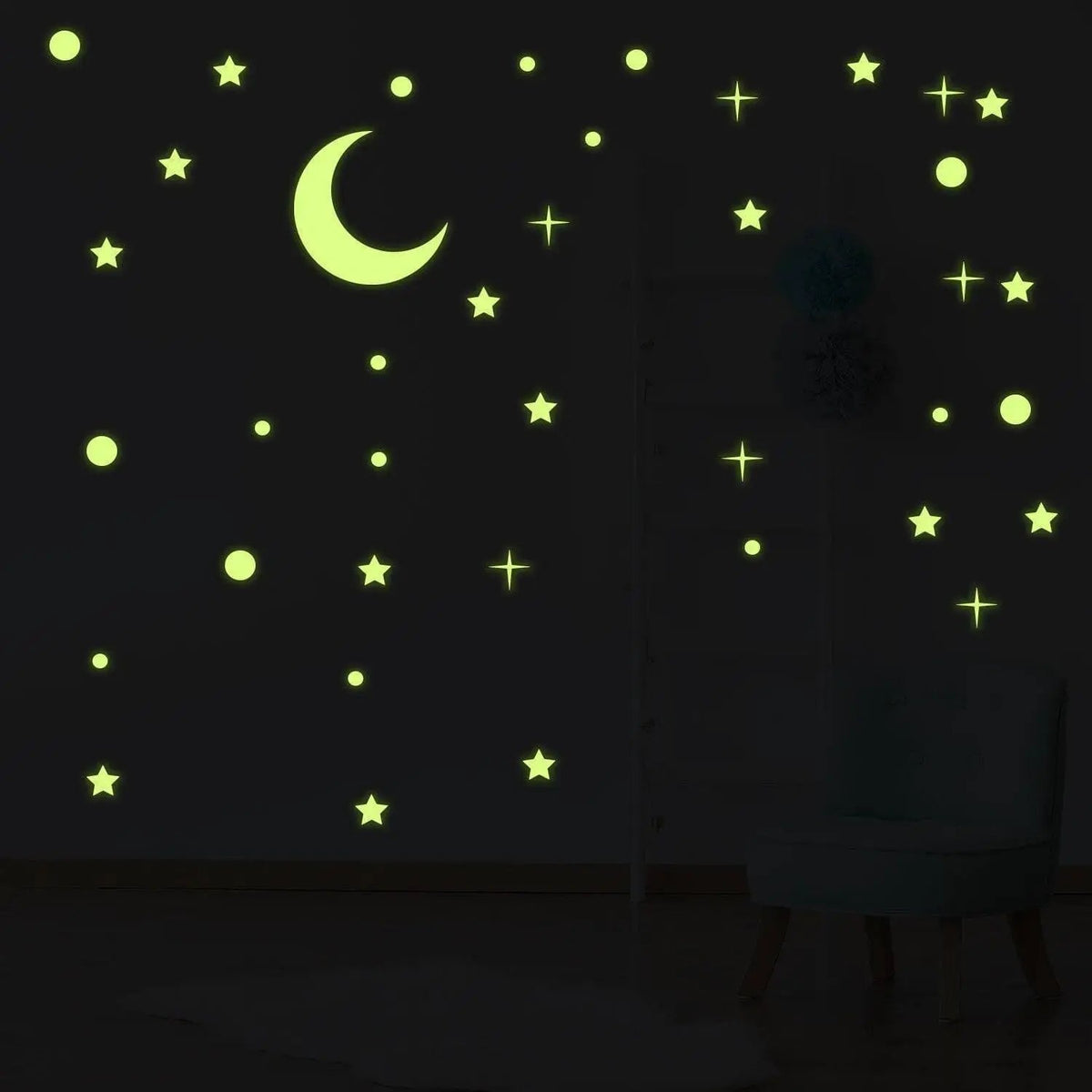 Glow in the dark star and moon wall decals, creating a magical night sky effect for children's rooms.