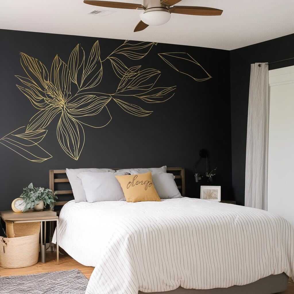 Elegant gold flower wall decal on dark wall above a minimalist bed in a stylish bedroom.