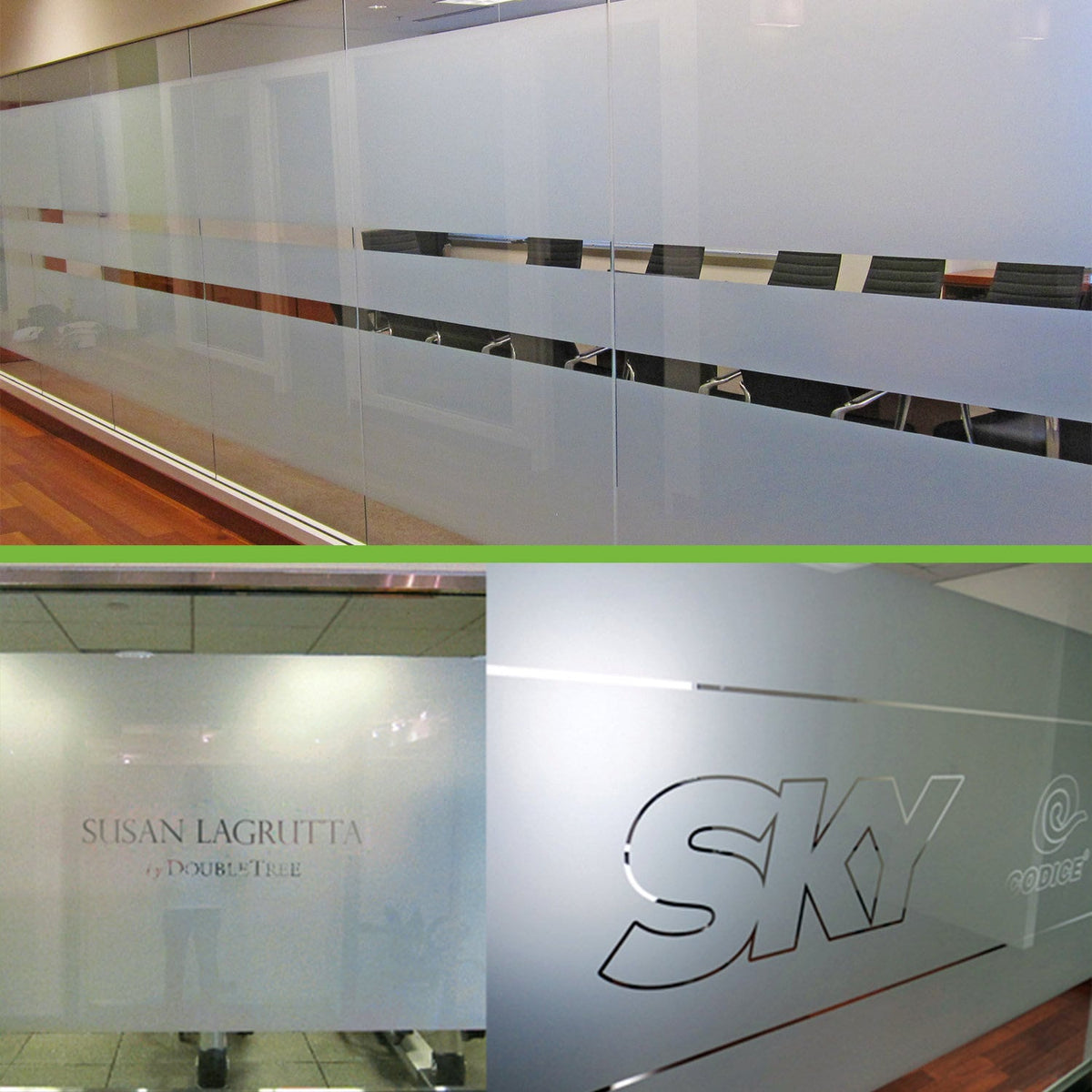 Elegant custom etched glass decals showcasing frosted film designs for office privacy.