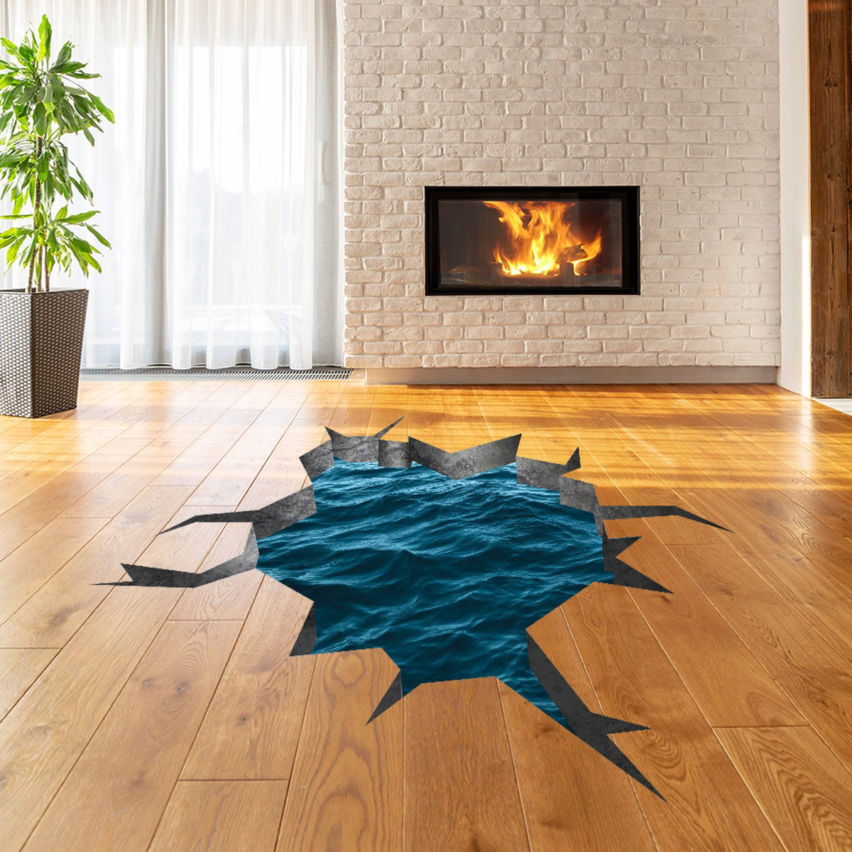 3D blue sea porthole floor decal shown in an interior.