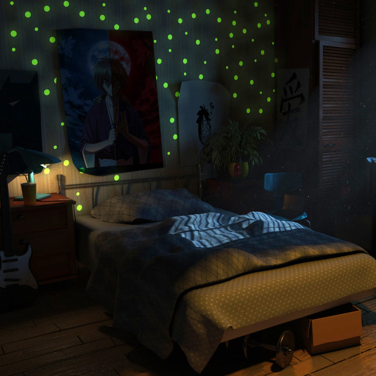 257x Glow In The Dark Circle Stars Wall Stickers featuring the crescent, the complete set contains 257 decals
