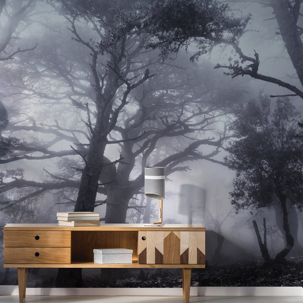 Product detail view of Misty Forest Wall Mural.