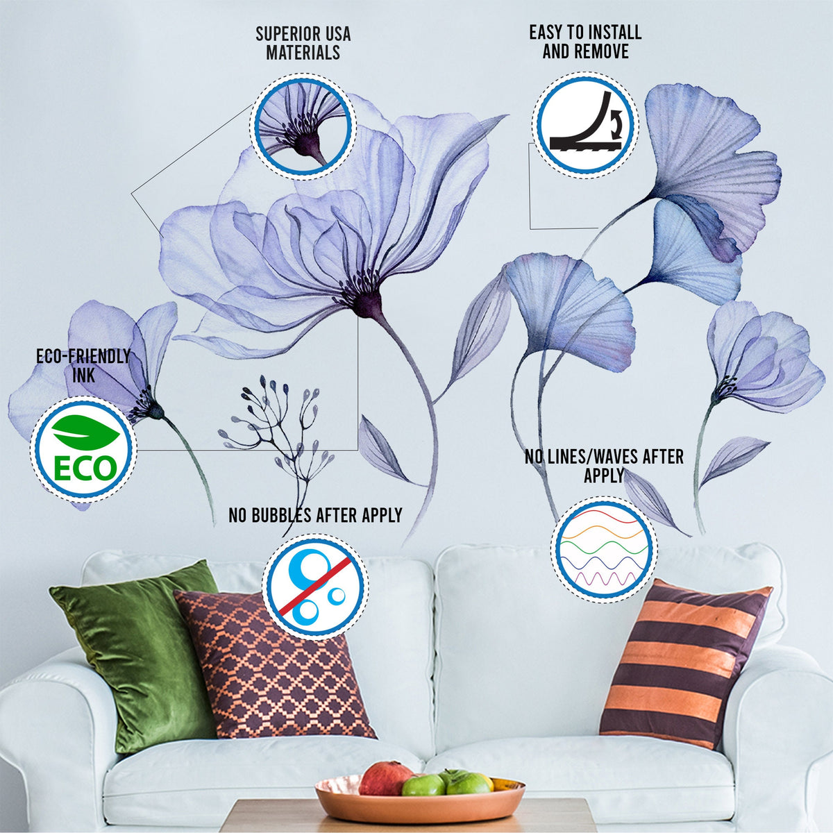 3D Blue Flower Wall Decal featuring blue blossoms with a visual 3D effect