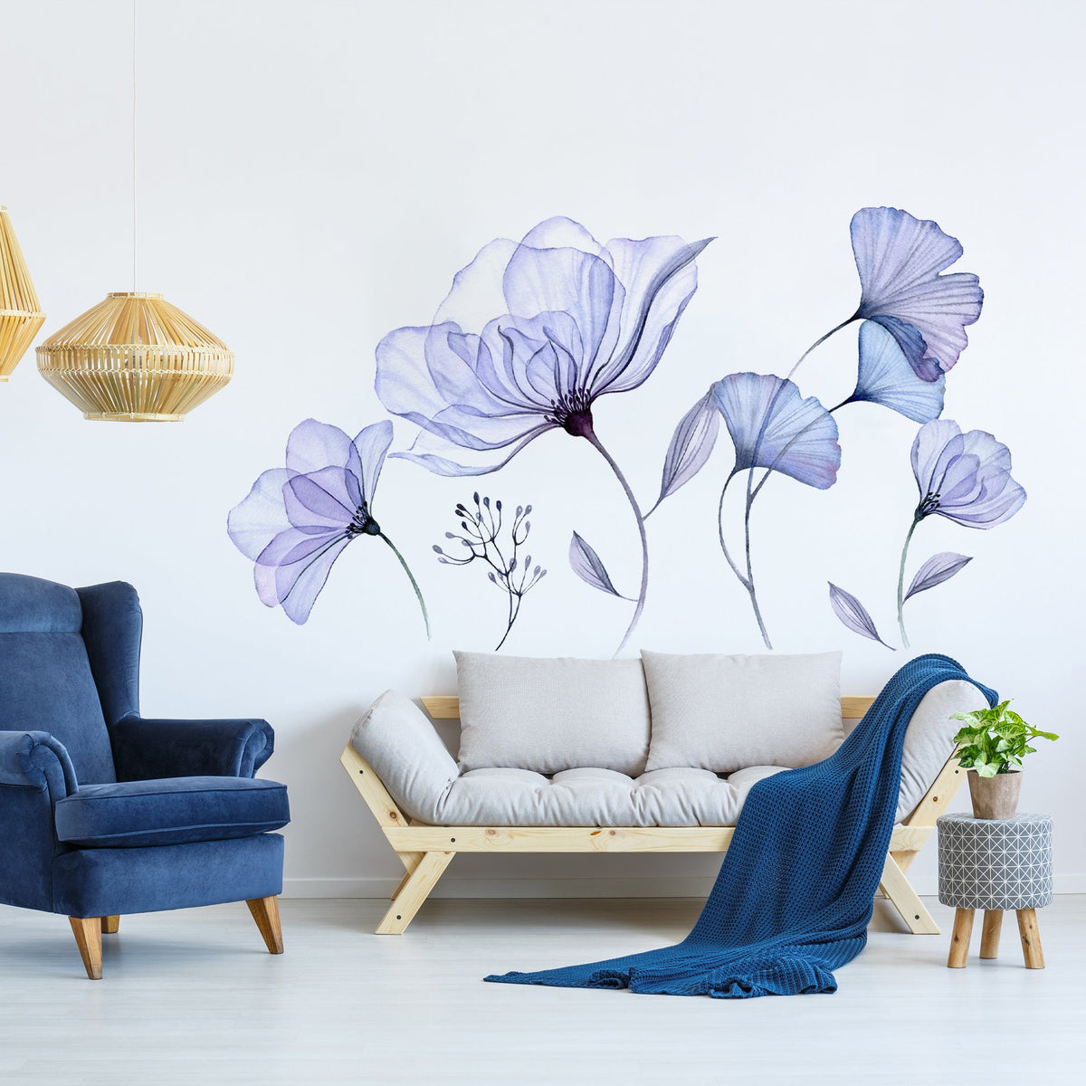 Printed vinyl decal artwork showing blue blossoms with a visual 3D effect