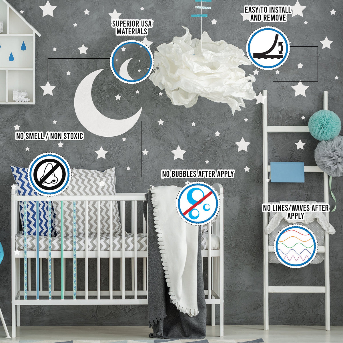 220x White Stars Wall Stickers - Moon Decor Vinyl Decals For Boy Girl Baby Nursery Kid Room.
