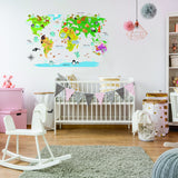 Printed nursery world map sticker with animal and country illustrations