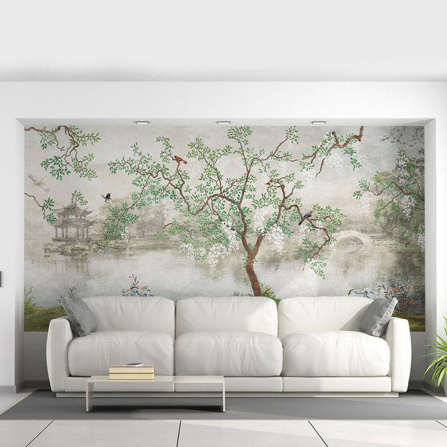 Toile Bedroom Chinoiserie Wallpaper Garden Vintage Sticker - Grey Adhesive Wall Paper Print Home Decor