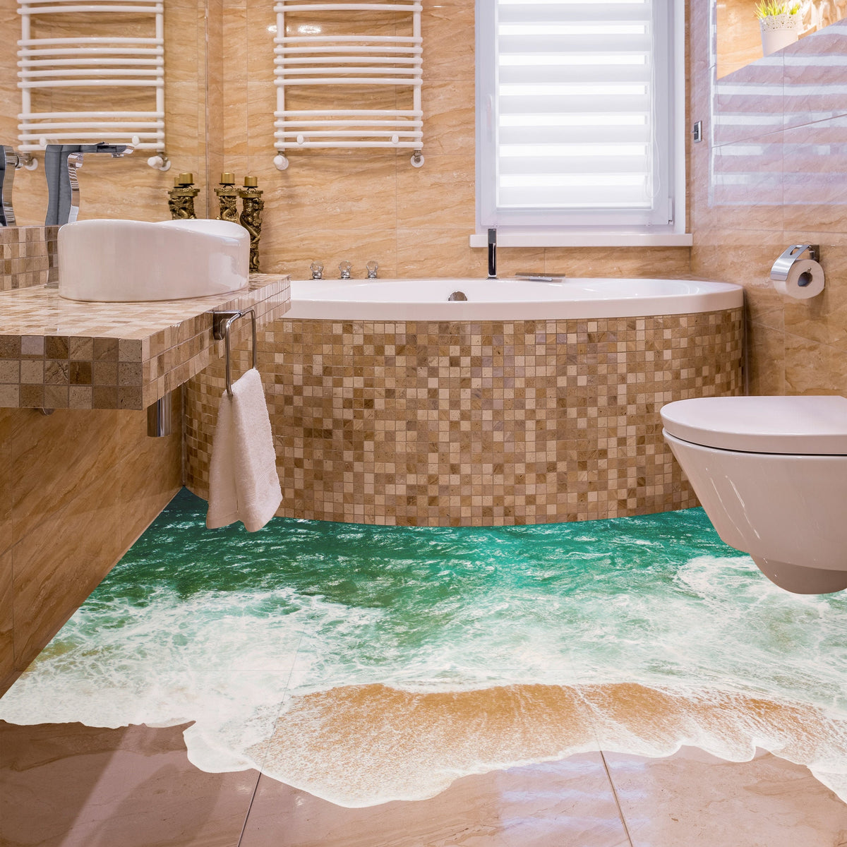 Square 3D ocean floor decal with an underwater mural design