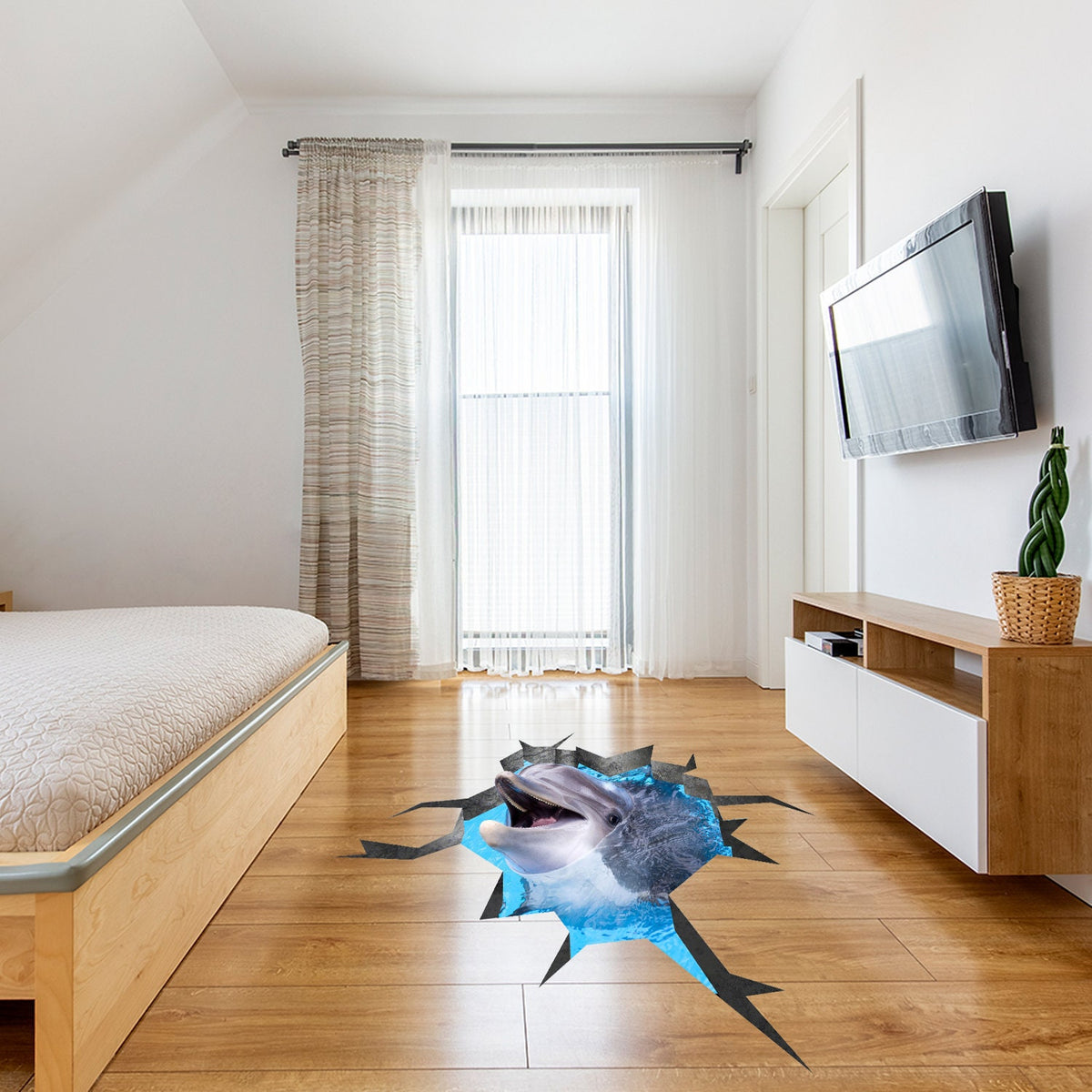 3D dolphin ocean portal floor decal on a smooth indoor floor