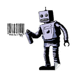 Barcode robot wall vinyl sticker with graffiti machine design.