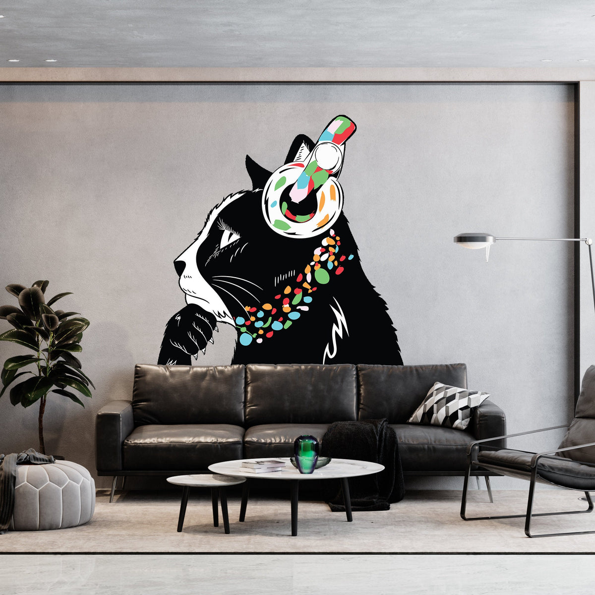 Printed vinyl decal artwork showing the cat wearing headphones in the artwork shown in the product gallery