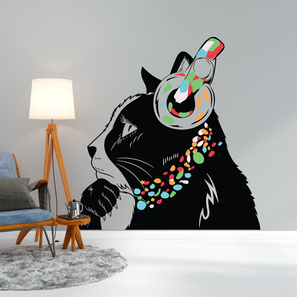 Printed vinyl decal artwork showing the cat wearing headphones in the artwork shown in the product gallery
