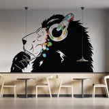 Lion in headphones wall decal shown in a product image.