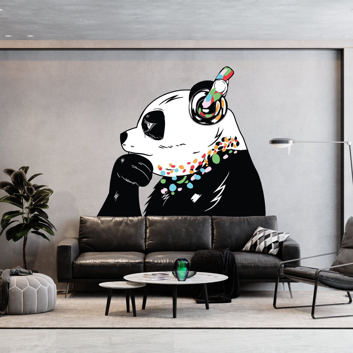 Panda Wall Art Sticker - Thinking Dj Panda Bear Head Headphones Vinyl Decal