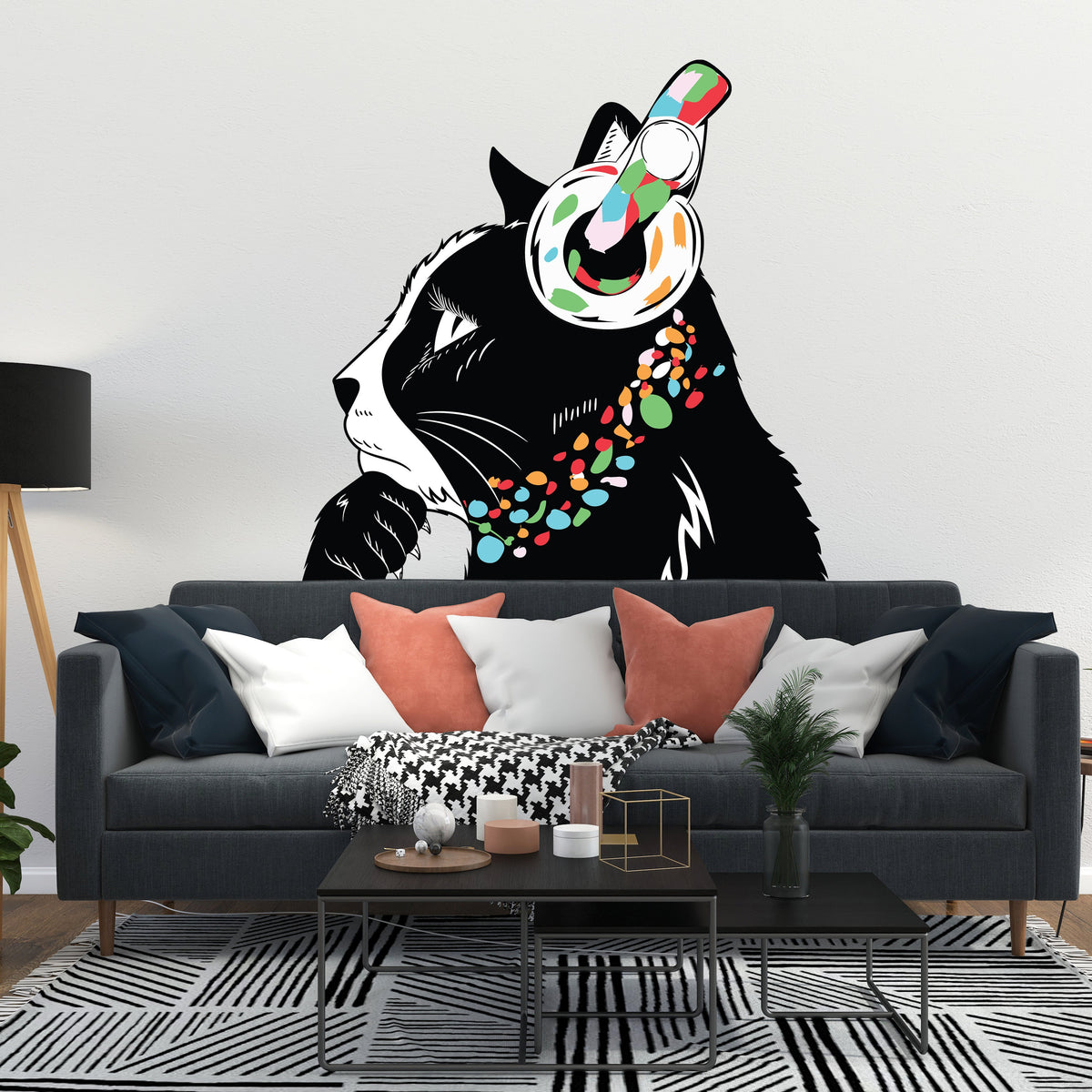 Cat Wall Art Sticker - Thinking Dj Kitten Head Headphones Vinyl Decal.