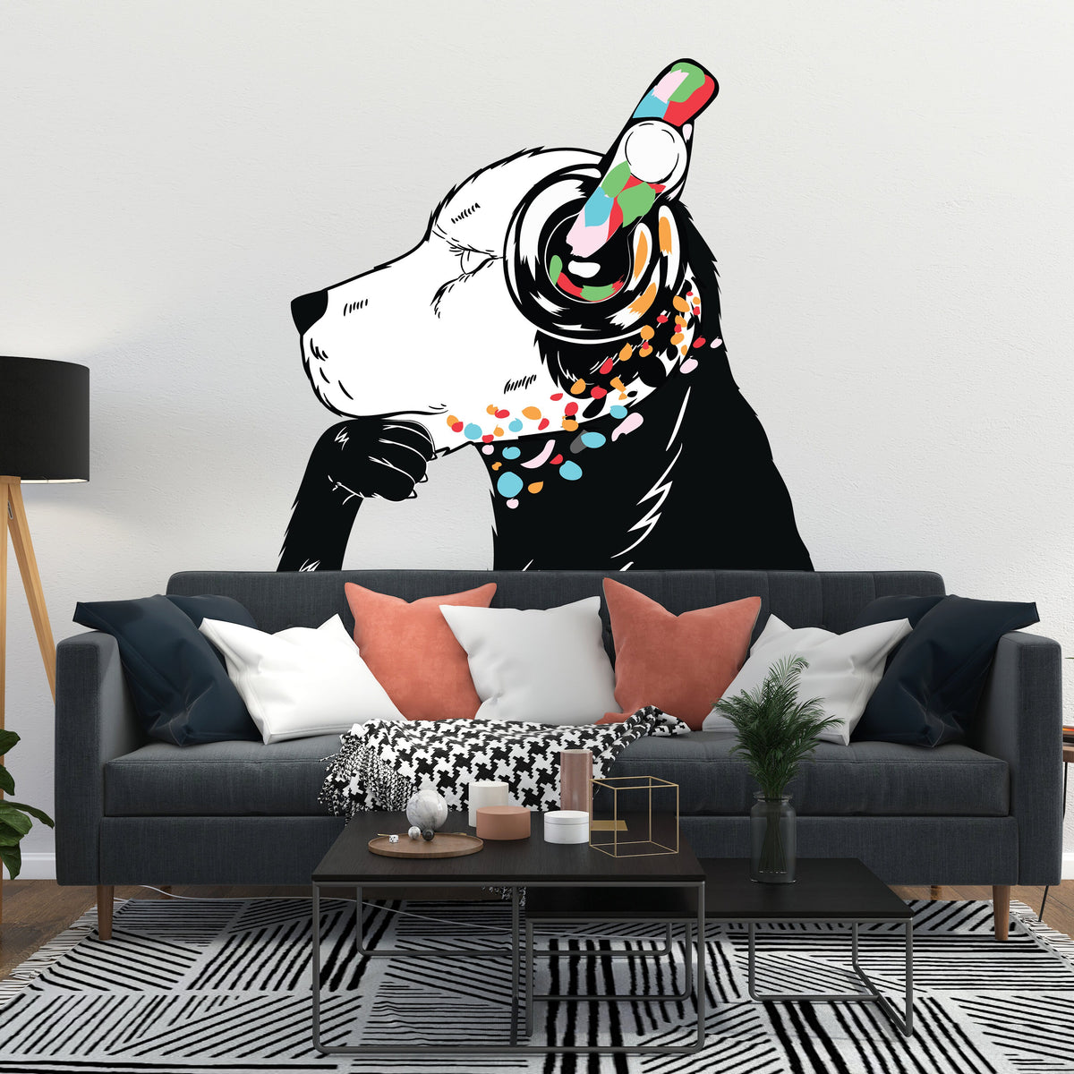 Dog Wall Art Sticker - Thinking Dj Puppy Head Headphones Vinyl Decal.