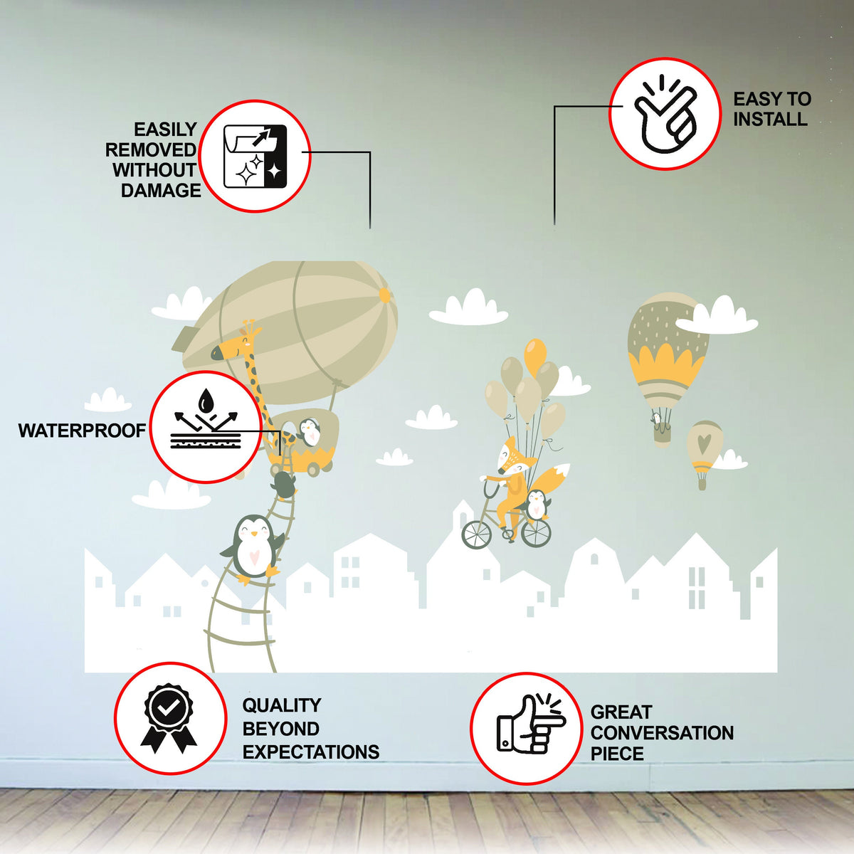 Printed vinyl decal artwork showing penguins, a fox, balloons and cloud elements