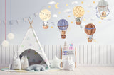 Printed vinyl decal artwork showing five hot air balloons with animals