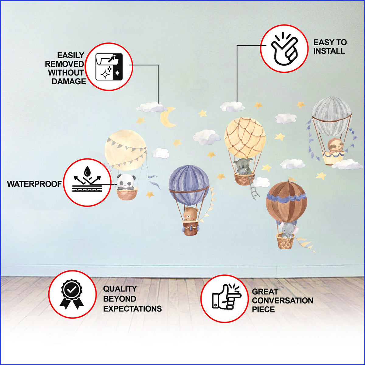 Hot Air Balloon Wall Stickers featuring five hot air balloons with animals