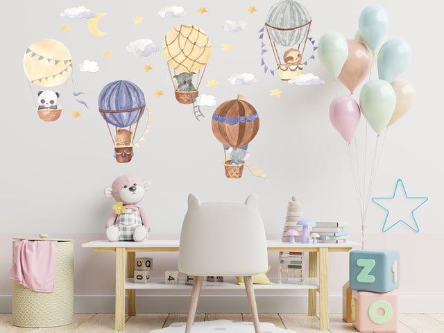 Hot Air Balloon Wall Stickers - Animals Clouds Nursery Decor Decal