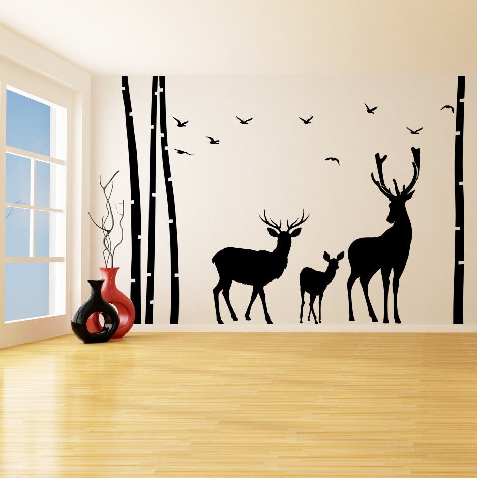Deer and Moose Birch Forest Wall Decal featuring the deer, moose, birch trees and woodland composition shown in the product gallery