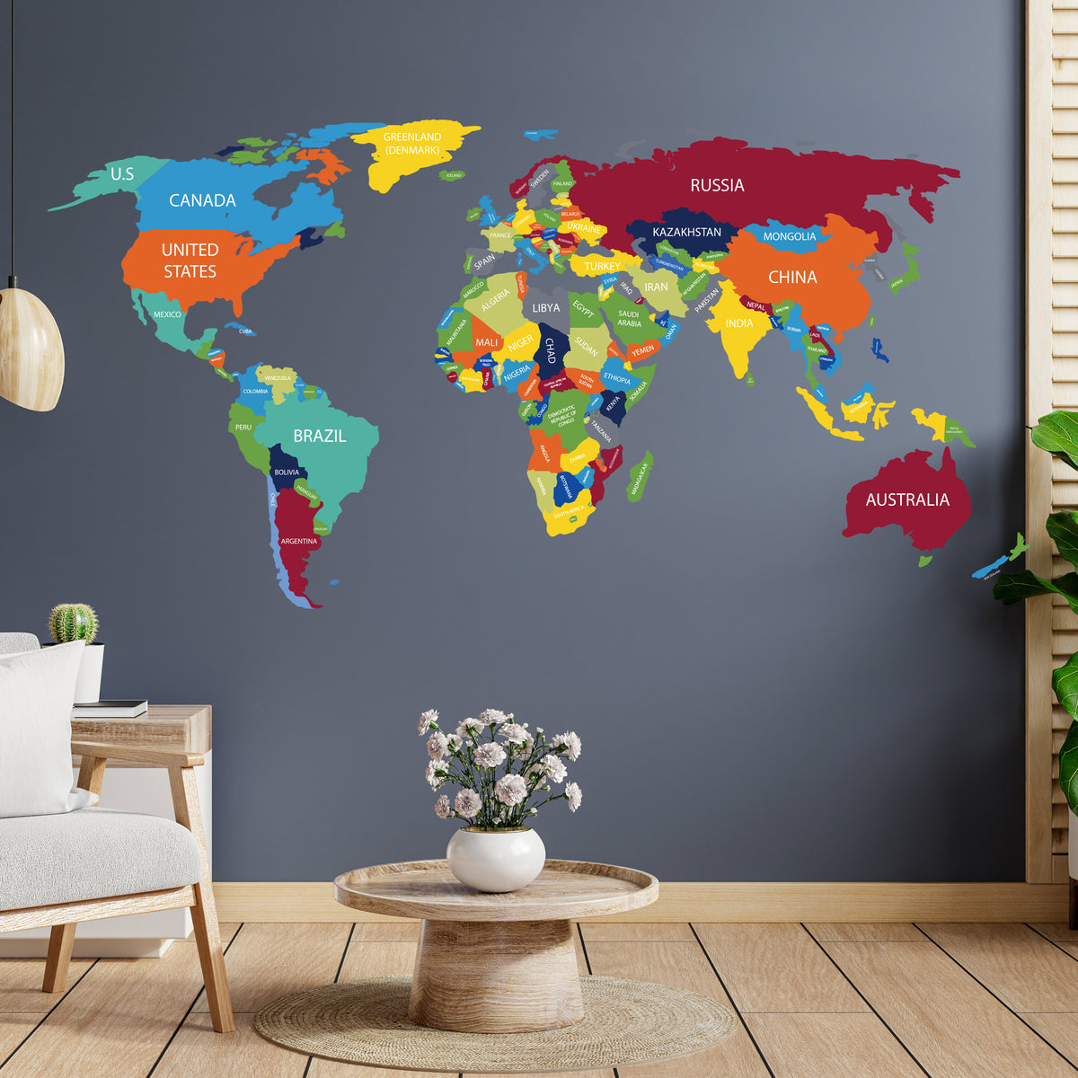 Large World Map Wall Decal featuring Country Names Vinyl Sticker
