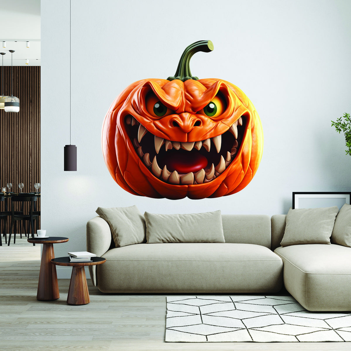 3D Pumpkin Wall Decal featuring a dimensional broken wall visual effect